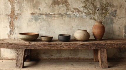 Fototapeta premium Ceramic pots and bowls of various sizes rest on a weathered wooden bench in a tranquil space.