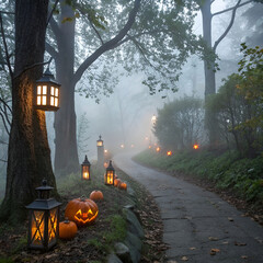 a foggy path lined with glowing lanterns