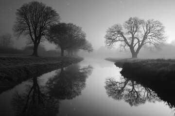 A group of trees reflected in a still river under the galactic expanse  