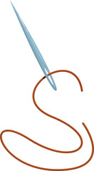 Sewing needle passing through brown thread creating an s shape, isolated on white background