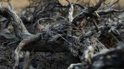 Barbed wire twisted around dead leafless tree branches