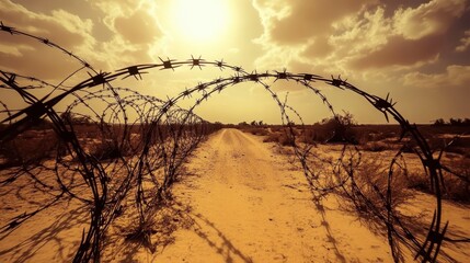 Barbed Wire Obstacles Framing a Dirt Road in the Desert
