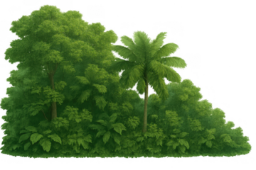 Lush tropical jungle foliage with various green trees and plants growing, transparent background for easy use