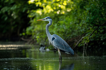 A heron standing motionless in a shallow spring, waiting for fish
