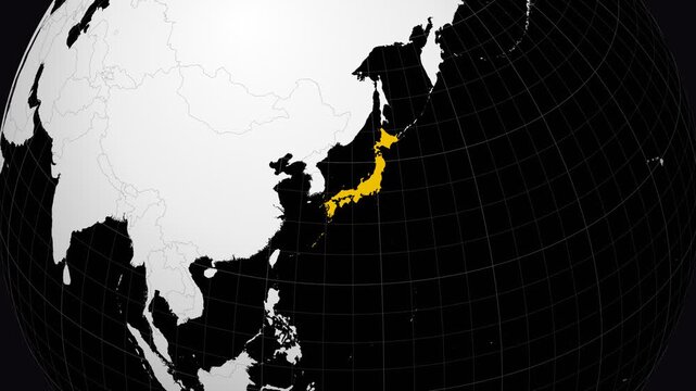 Japan map. Animated zoom into the country on the Globe in Black White color palette. Country logo animation. Map with meridians, parallels. Modern video.