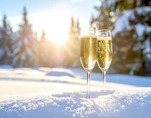 Sektgläser im Hintergrund Winterlandschaft mit Silvester