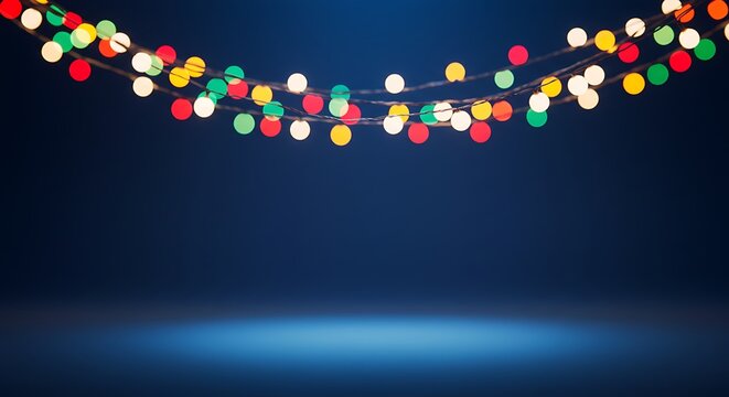 Hanging string of colorful bokeh lights on a dark blue background with a spotlight