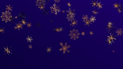 Elegant abstract design featuring golden snowflakes falling against a deep blue backdrop, perfect for holiday concepts and winter themes.