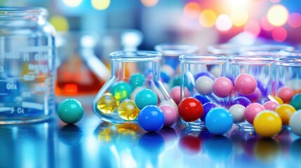 Colorful Molecular Models Inside Glass Beakers Representing Science