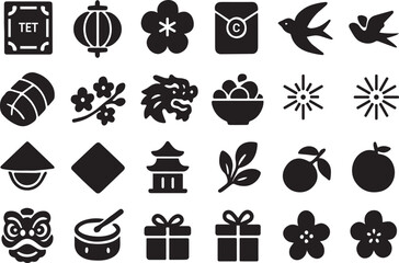 Illustration of various traditional vietnamese tet holiday symbols, including lantern, dragon, blossom, envelope, swallow, rice cake, firework, hat, pagoda, and lion dance, isolated on white backgroun