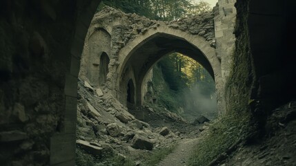 Fototapeta premium Collapsed stone archway with rubble and path through the ruins