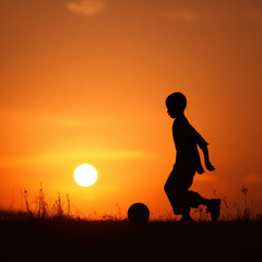 Focused Child Footballer: Silhouette of a Player in Action at Sunset.