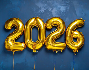 Goldene Luftballons in der Jahreszahl 2026 vor blauem Hintergrund