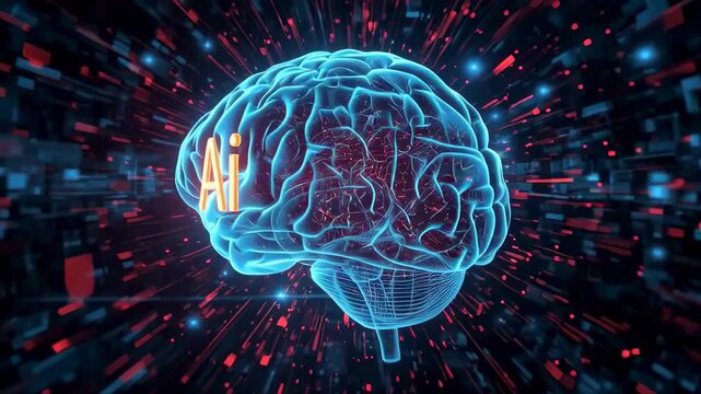 A luminous brain model showcasing artificial intelligence is surrounded by dynamic, colorful particles in a dark environment, merging technology with creativity.