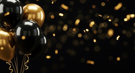 Black and gold balloons floating against a dark background with bokeh lights, festive celebration