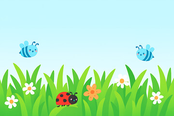 Cartoon ladybug bees and flowers in green grass image