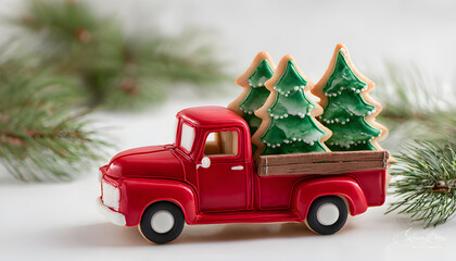 Festive Red Truck hauling Christmas Trees gingerbread cookies