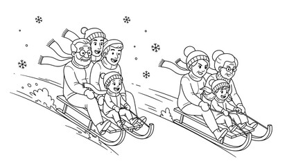 Fototapeta premium Multi-generation family sledding down a hill on bright winter day 