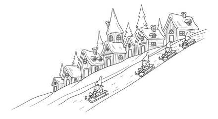 Gnome village with sledding hills and children playing in winter  