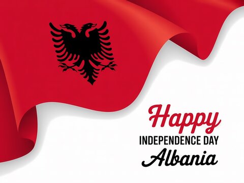 Waving albanian flag with happy independence day greeting on a white background