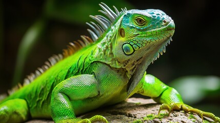 Obraz premium Detailed view of a green iguana with intricate scale patterns