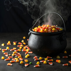 Halloween candy spilling from a witch cauldron
