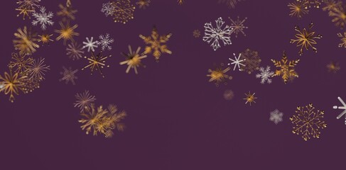 Elegant digital artwork featuring a collection of abstract snowflakes in gold and silver, floating against a rich, deep purple backdrop. Perfect