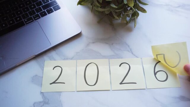 Hand changing sticky notes from 2025 to 2026