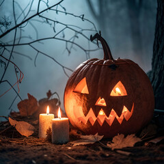 close up of a carved pumpkin glowing with candles