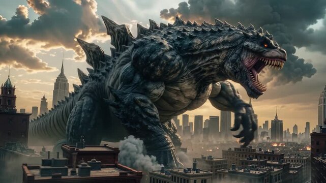 A colossal creature towers over a shattered urban landscape, roaring in defiance as lightning strikes in the dark sky. The scene unfolds at dusk, creating a dramatic atmosphere.