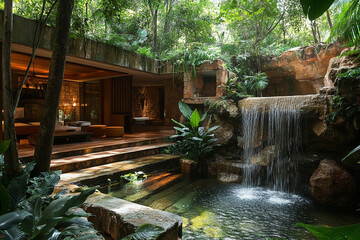 A hidden jungle cavern, enveloped by lush foliage, reflects a harmonious blend of nature abundance and humankind eternal pursuit of serenity