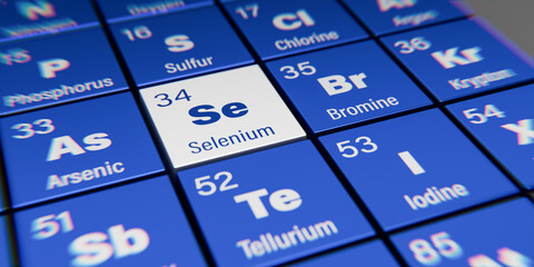 Detail view of the chemical element Se Selenium with the atomic number 34 within the periodic table of elements. Dynamic dispersion effect at the corners and shallow depth of field.