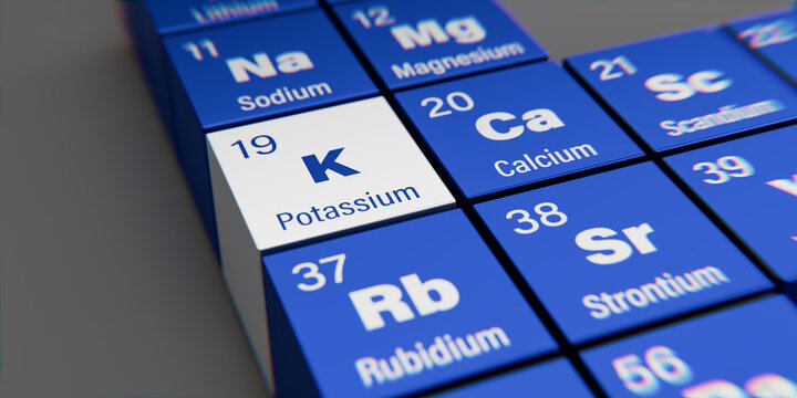 Detail view of the chemical element K Potassium with the atomic number 19 within the periodic table of elements. Dynamic dispersion effect at the corners and shallow depth of field.