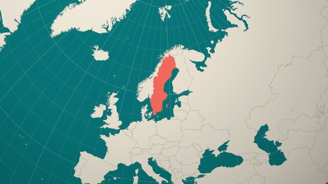 Sweden map. Animated zoom into the country on the Globe in Teal Pale Mint color palette. Country logo animation. Map with meridians, parallels. Awesome video.