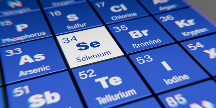 Detail view of the chemical element Se Selenium with the atomic number 34 within the periodic table of elements. Dynamic dispersion effect at the corners and shallow depth of field.