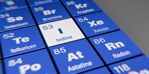 Detail view of the chemical element I Iodine with the atomic number 53 within the periodic table of elements. Dynamic dispersion effect at the corners and shallow depth of field.