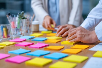 Fototapeta premium Brainstorming session with colorful sticky notes, collaborative planning and ideas on wood table for business strategy
