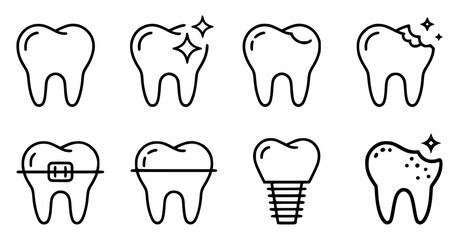 Fototapeta premium Dental Health Icons Healthy, Damaged, Braces, Implant, and More