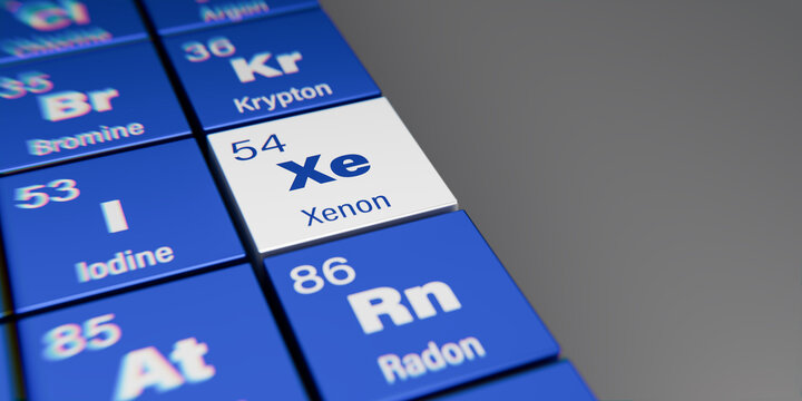 Detail view of the chemical element Xe Xenon with the atomic number 54 within the periodic table of elements. Dynamic dispersion effect at the corners and shallow depth of field.
