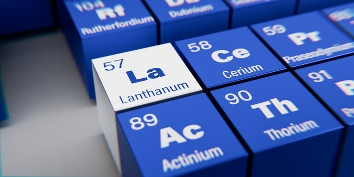 Detail view of the chemical element La Lanthanum with the atomic number 57 within the periodic table of elements. Dynamic dispersion effect at the corners and shallow depth of field.