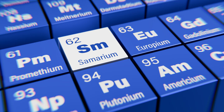 Detail view of the chemical element Sm Samarium with the atomic number 62 within the periodic table of elements. Dynamic dispersion effect at the corners and shallow depth of field.