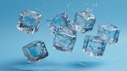 Obraz premium Ice cubes splash playfully creating bubbles in clear water showcasing a vibrant blue backdrop.