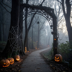 dark haunted forest entrance decorated with pumpkin