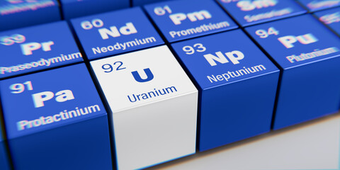 Detail view of the chemical element U Uranium with the atomic number 92 within the periodic table of elements. Dynamic dispersion effect at the corners and shallow depth of field. © Andreas Prott