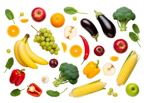 Colorful Assortment of Fresh Fruits and Vegetables on White Background.