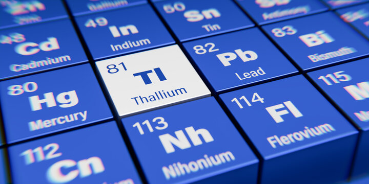 Detail view of the chemical element Tl Thallium with the atomic number 81 within the periodic table of elements. Dynamic dispersion effect at the corners and shallow depth of field.