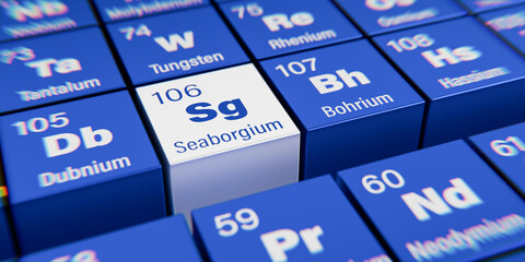 Detail view of the chemical element Sg Seaborgium with the atomic number 106 within the periodic table of elements. Dynamic dispersion effect at the corners and shallow depth of field.