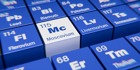 Detail view of the chemical element Mc Moscovium with the atomic number 115 within the periodic table of elements. Dynamic dispersion effect at the corners and shallow depth of field.
