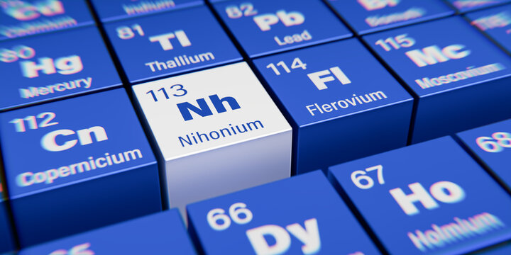 Detail view of the chemical element Nh Nihonium with the atomic number 113 within the periodic table of elements. Dynamic dispersion effect at the corners and shallow depth of field.