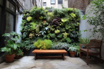 Fototapeta premium Vertical garden oasis featuring a wooden bench and lush green foliage for tranquil relaxation or urban nature retreat